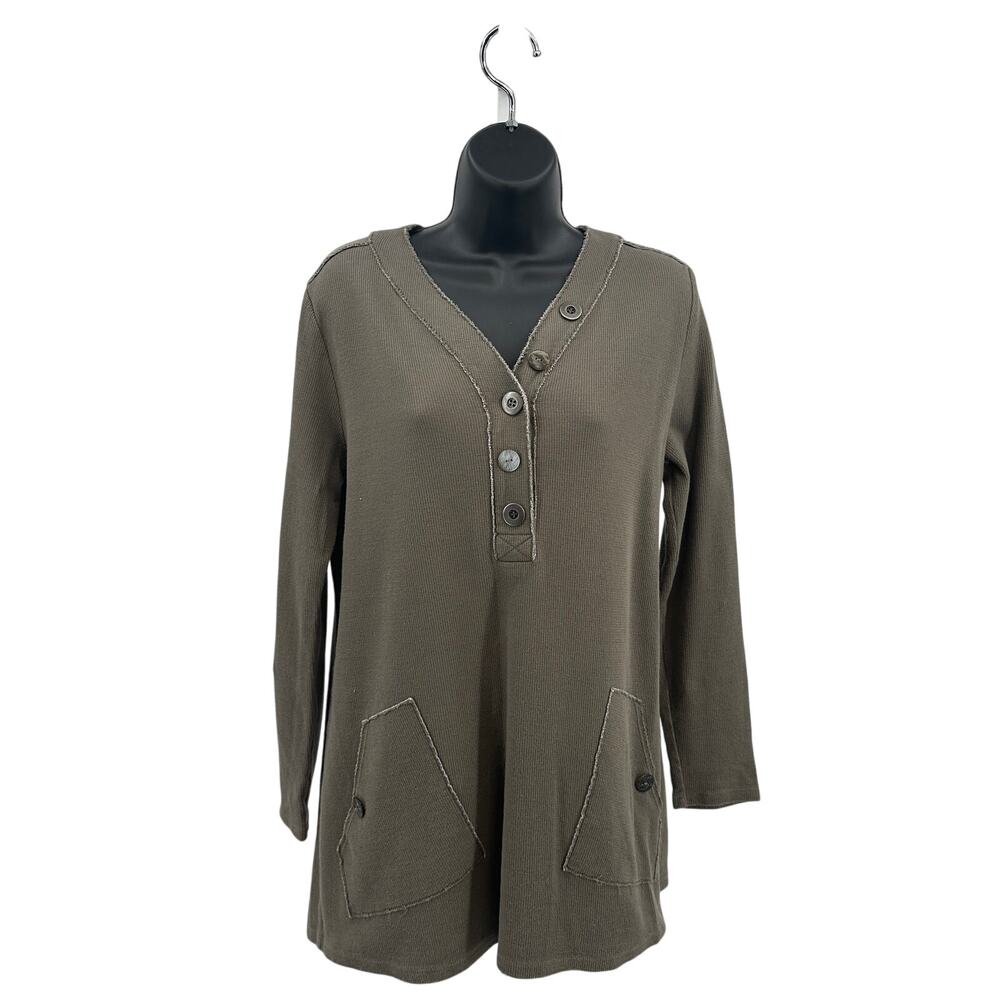Soft Surroundings Button-Up Henley Shirt Top WMN S Gray 100% Cotton #2CU36 Tunic